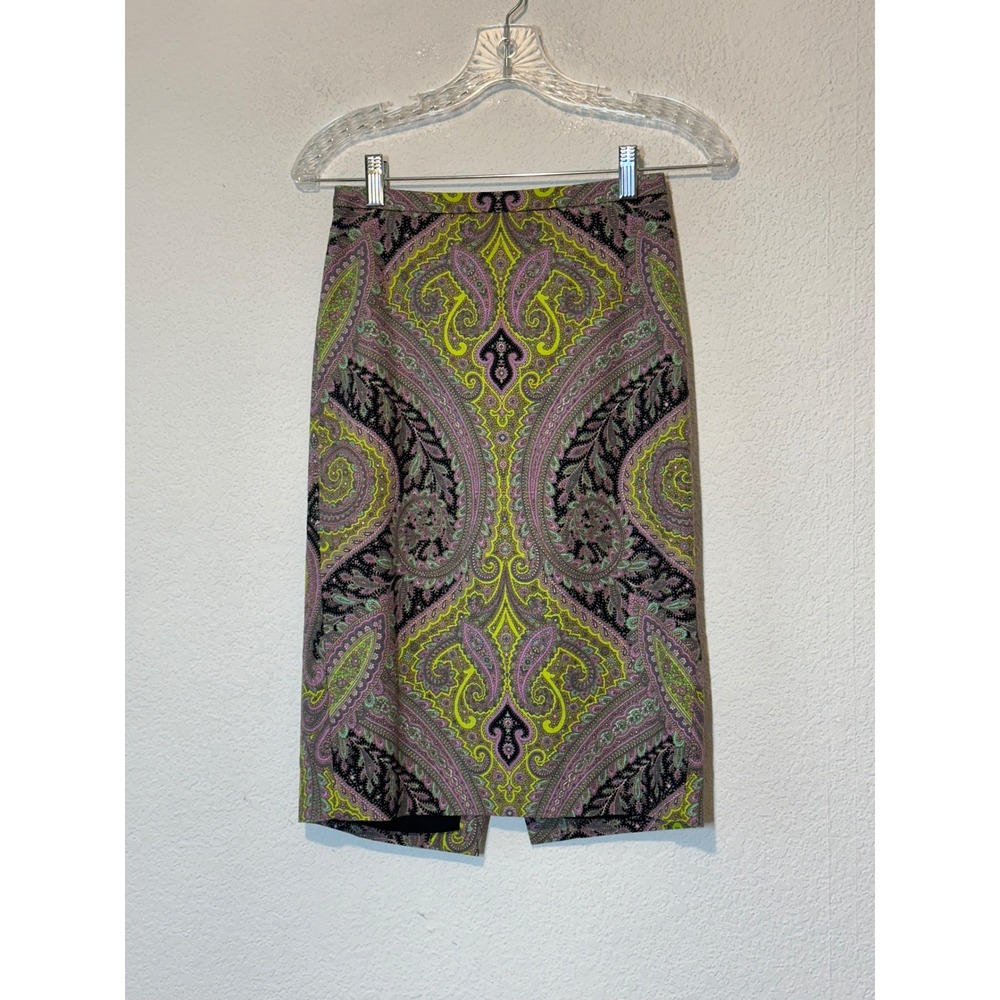 J.Crew Womens Paisley Pencil Skirt Lime Green Purple Stretch Cotton Size 00